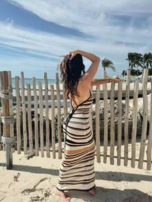 Vivid Style Sexy Hollow Out Sleeveless Fitted Striped Knit Beach Dress, Suitable For Summer Vacation, Christmas, New Year - Multicolor - View 2