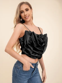 Spaghetti Strap Top With Floral Decoration - Black - View 2