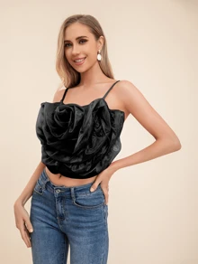 Spaghetti Strap Top With Floral Decoration - Black - View 3