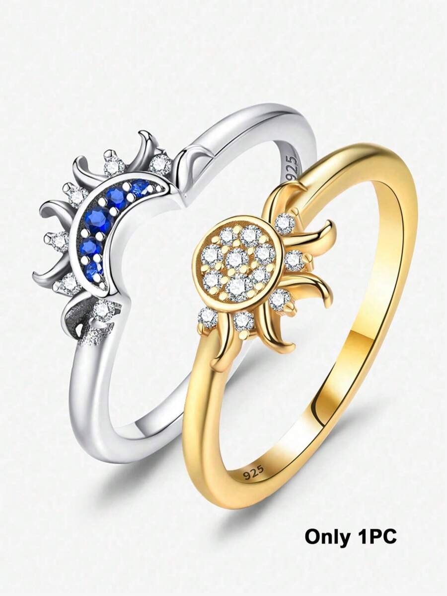 Solo 1 pieza Anillo de sol y luna de plata de ley 925 con purpurina para mujeres, anillo de sol clásico con purpurina de plata, accesorio de dedo vintage para regalo de joyería para mujer y niña