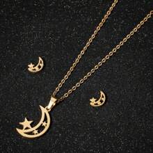 3 Pieces/Set Stainless Steel Exquisite Moon Star Earrings Necklace, Women Set Asymmetrical Star Moon Bride Engagement Earrings Wedding Gift - C-tZ111 - View 7
