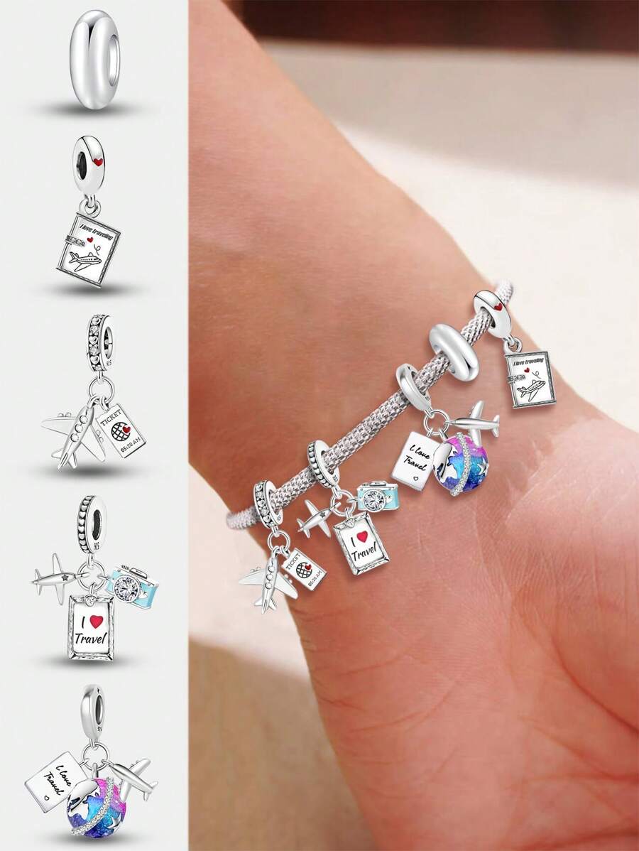 1 件 925 纯银时尚环球旅行者飞机吊饰珠适合女士手链手镯 DIY 珠宝制作和日常服装搭配珠宝装饰适合女孩