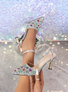 Sandalias de punta cerrada con diseño hueco y brillantes, zapatos de tacón alto y puntiagudos con efecto electrolizado estilo francés de alta gama para mujer, ideales para fiesta