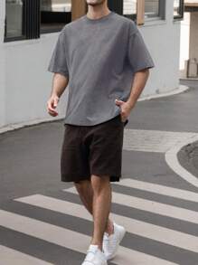 hoteel Men's Heavy Weight Crew Neck T-Shirt Men Premium Thick Tees Pre Shrunk Loose Fit Short Sleeve Hip Hop Longline Shirts - 深灰色 - 查看 5