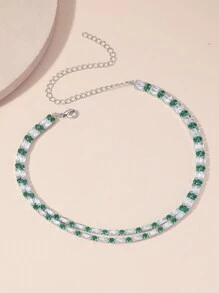 1 chiếc vòng cổ choker pha lê Zirconia trắng và xanh lá cây hai lớp họa tiết hoa dành cho nữ, phụ kiện trang phục trang trọng đa năng - Xem 6