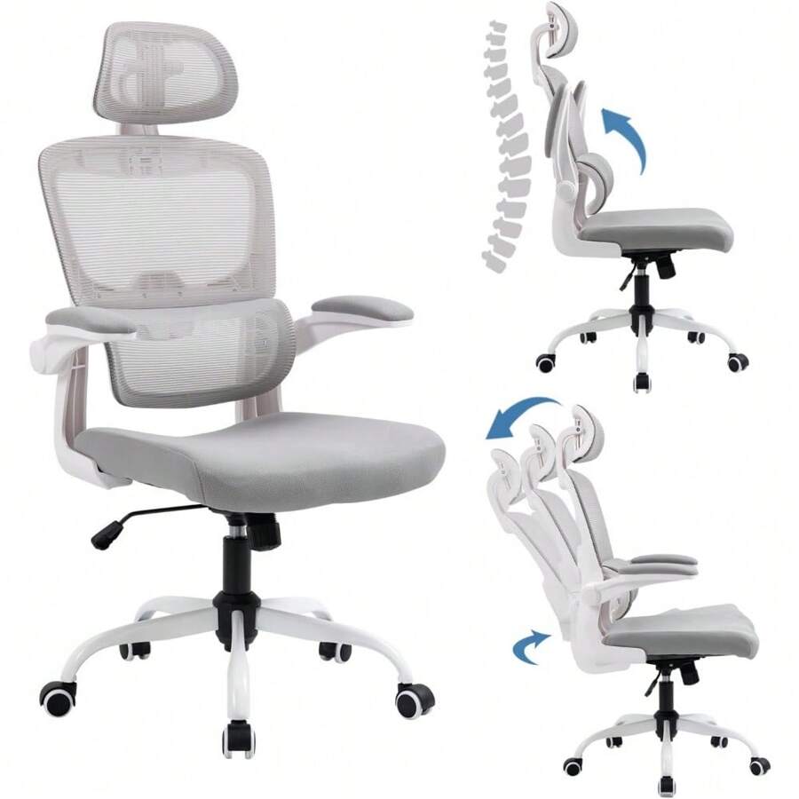 HOMEMAKE FURNITURE Silla Oficina ergonómica de Respaldo Alto con Soporte Lumbar Ajustable Altura reclinable descansabrazos Ajustables Silla Gamer sillas para Escritorio Silla ergonomica Gris - Gris - Ver 1