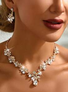 3 Pieces/Set Gold Rhinestone Flower Diamond Necklace And Earring Set, Suitable For Multifunctional Jewellery For Wedding Brides, A Gift For Others, Ideal For Wedding Parties And Proms. - Multicolor - View 2