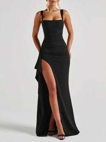 Vestido negro de mujer ajustado con abertura alta para boda, cumpleaños, club, sexy, para fiestas de Navidad, elegante vestido de novia