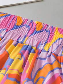 Acelitt Purple Abstract Print Smock Waist Casual Shorts - Multicolor - View 6