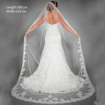 Elegant Wedding Accessories Appliques Tulle Long Cathedral Wedding Veils Lace Edge 1T Bridal Veils 3 Meters