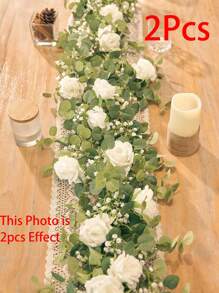 1 件/2 件，6 英尺人造桉树花环，配假丝绸玫瑰花藤种子桉树叶绿叶花环，适用于婚礼拱门桌墙背景派对房间装饰、婚礼装饰、家居装饰、卧室装饰、浴室装饰、厨房装饰 - 白色 - 查看 13