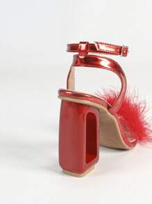 女士时尚红色方头蓬松粗踝带高跟凉鞋,性感迷人,适合派对、婚礼、户外活动,粗跟鞋 - 紅色 - 查看 8