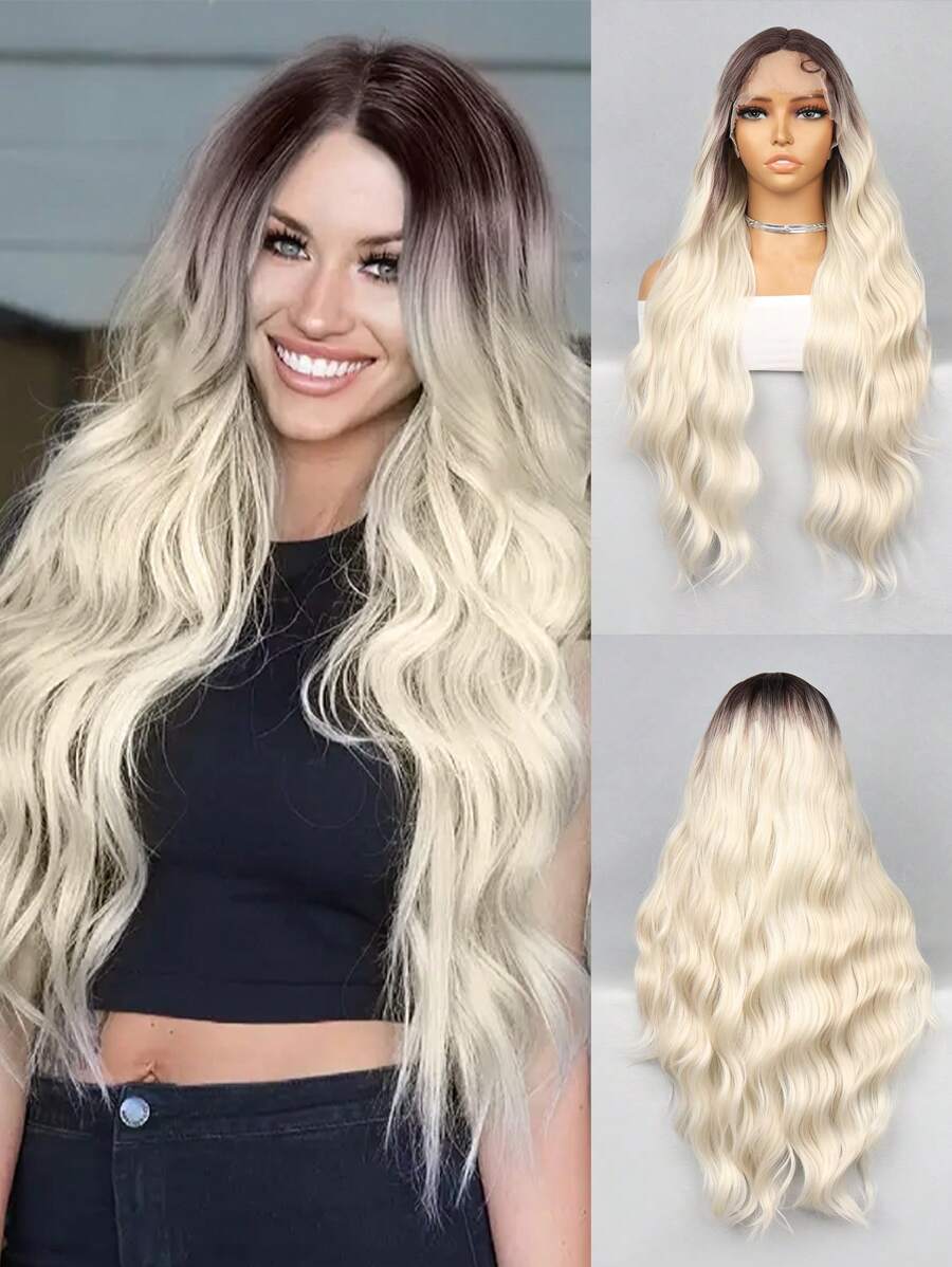 26 英寸多色波浪发 13X4X1 T 型蕾丝假发合成纤维耐热假发全机器制造，适合日常聚会，高品质女士天然美丽合成柔软假纤维头发