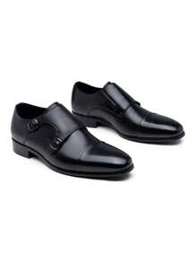 SHOESMALL Men's Dress Loafers Leather Double Monk Strap Oxford Slip On Cap Toe Dress Black Shoes For Men - AMY9028-黑色 - 查看 8