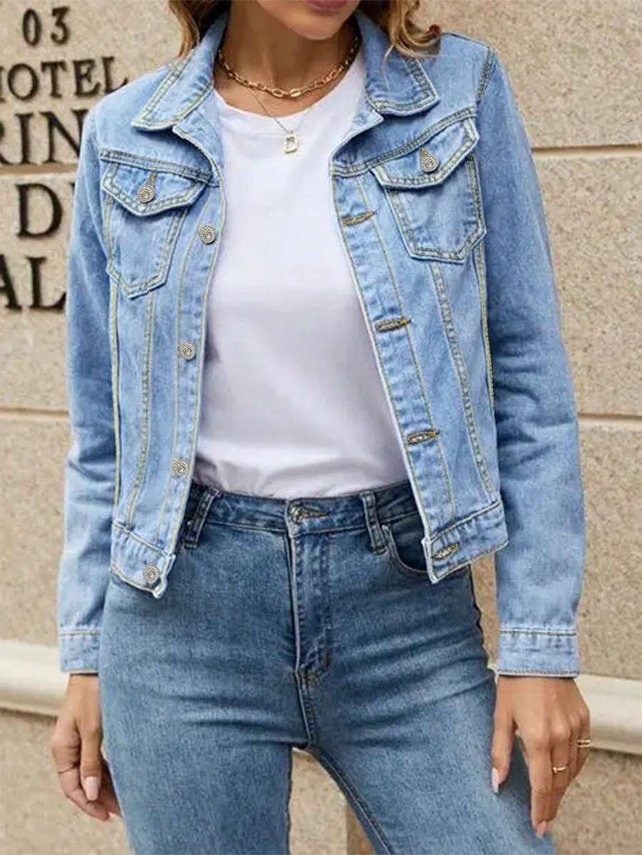 Womens Denim Jacket Single Button Classic Solid Color With Pockets Stylish Casual Jacket For Women Everyday Wear Comfortable Durable Fashion Outerwear - 淺色水洗藍 - 查看 1