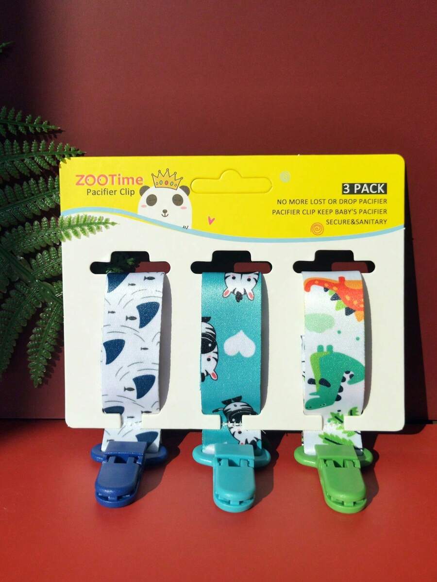 zootime Bộ 3 kẹp núm vú giả in hình động vật hoạt hình, dây xích núm vú giả bằng silicon, đồ chơi chống rơi cho trẻ sơ sinh