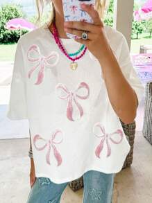 Spring Summer Sequin Bow Knot Drop Shoulder Tee