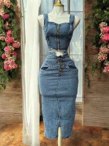 Conjunto falda 3/4 y top mezclilla ajustable - Multicolor - Ver 4