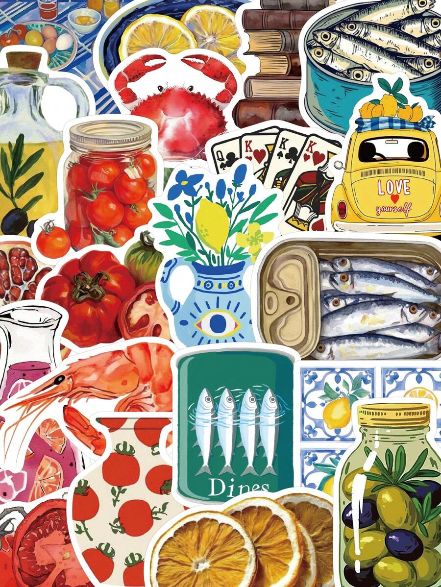 50 Piezas Etiquetas adhesivas de tomate mediterráneo para decorar regalos, álbumes de recortes, portátiles, botellas de agua, teléfonos, guitarras, a prueba de agua - Multicolor - Ver 1