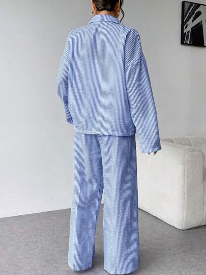 Nina Bonheur Women Gestreepte Button Front Long Sleeve Pajama Set Drawstring Pants, Schattige Sleepwear Homewear, Cozy Outfit, Fall Clothes view 3