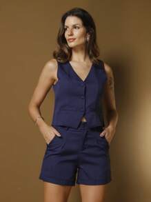 Tailoring Set |No Belt|Sleeveless|Vest And Shorts With Bag Tailoring Fabric - 藏蓝色 - 查看 2