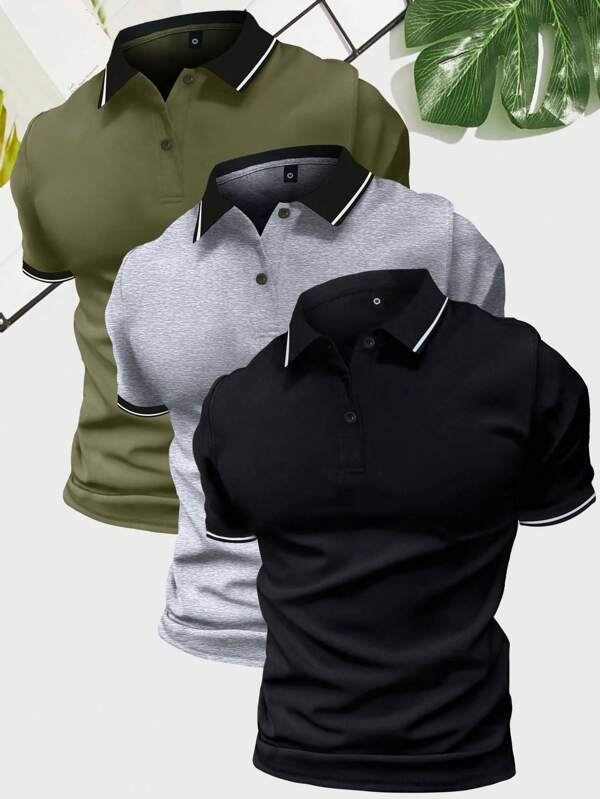 3pcs/Set Men's Summer New Solid Color Polo Shirts, Military Green/Light Grey/Black Regular Fit Short Sleeve Casual Business T-Shirts