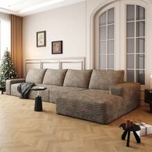 LUCKHAO 135" Cloud Sectional Couch With L-Shape Chaise,Modern Modular Sofa With Deep Seat, Upholstered Couches For Living Room Bedroom,No Assembly Required, Black(Plush Corduroy Fabric) - 右向躺椅+3人座(駝色) - 查看 1