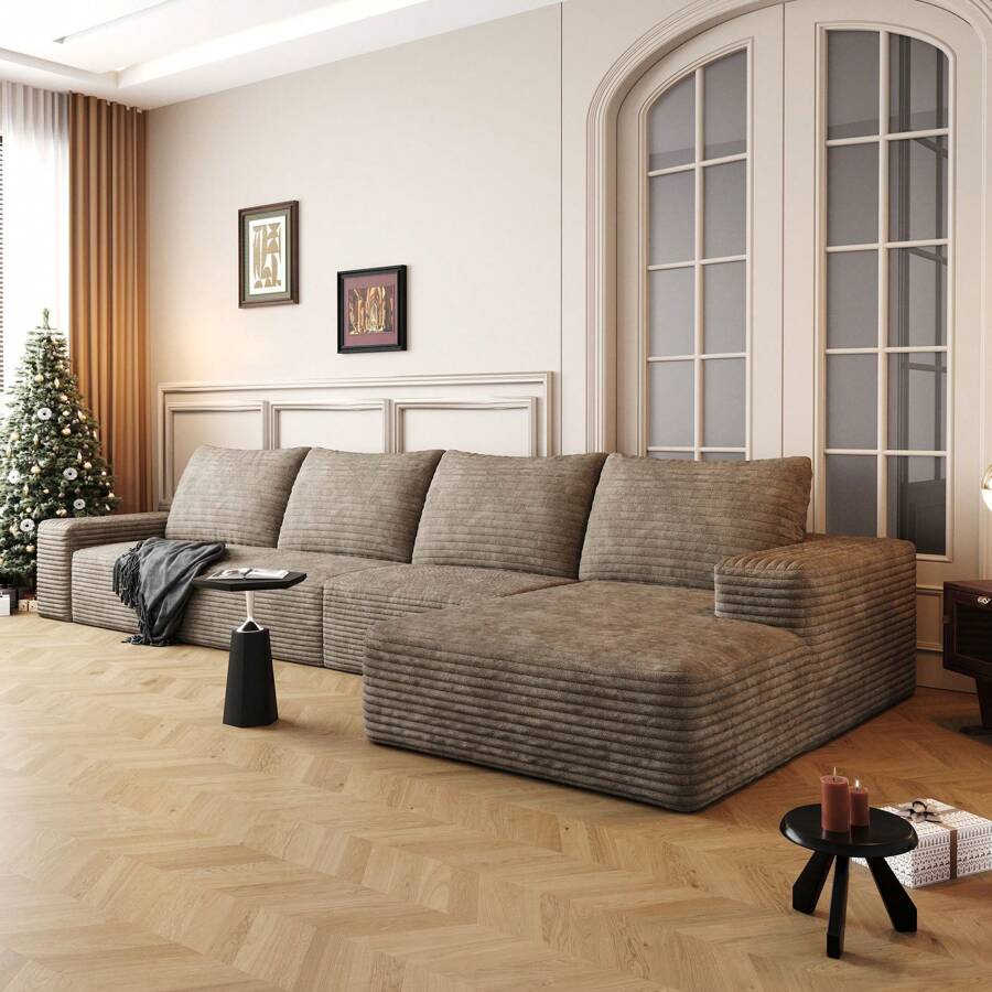 LUCKHAO 135" Cloud Sectional Couch With L-Shape Chaise,Modern Modular Sofa With Deep Seat, Upholstered Couches For Living Room Bedroom,No Assembly Required, Black(Plush Corduroy Fabric) - 右向躺椅+3人座(駝色) - 查看 1