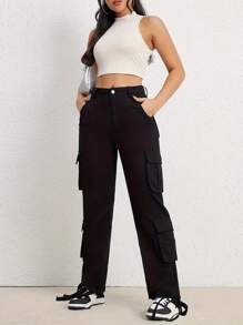 Women's Street Y2K Style High Waisted Wide Leg Jeans With Flip Pocket Work Pants, Women's Retro Streetwear And Clothing - 黑色 - 查看 4