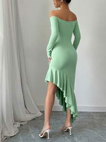 abyoxi Solid Color Sexy Off Shoulder Long Sleeve Ruched Ruffle Asymmetric Hem Bodycon Dress, Casual, Simple, Elegant, Fantasy, Party, Autumn And Winter New Women's Clothing