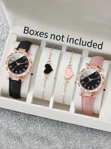 Bộ 4 đồng hồ thạch anh cho bé gái có thiết kế số màu hồng và đen, vòng tay hình trái tim, đồng hồ trẻ em theo chủ đề bãi biển, quà tặng cho bé - Nhiều màu - Xem 1