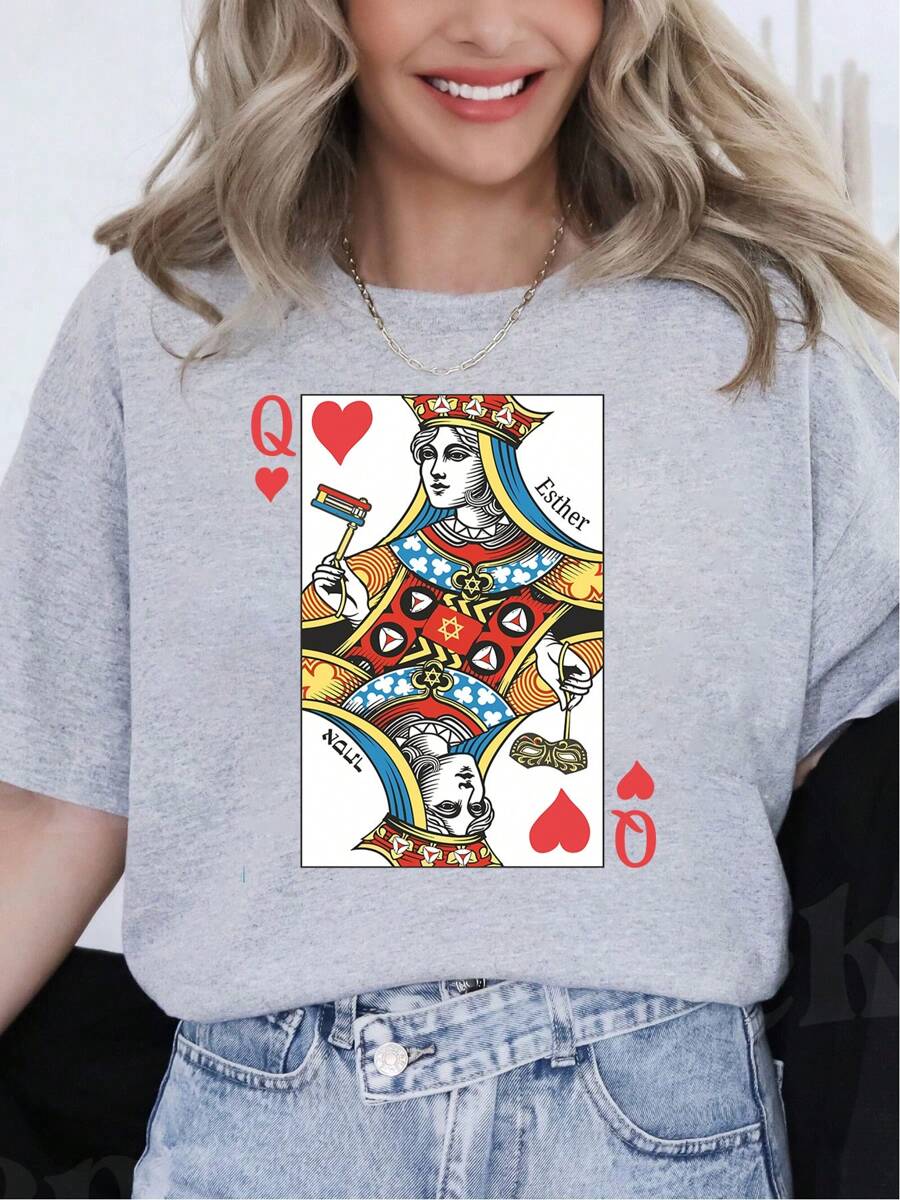 Oversized Style For Women, Queen Esther T-Shirt Purim Tee Unique Purim Costume By Israeli Artist Perfect Holiday Gift Am Yisrael Chai Queen Card Shirt, Loose Type Shirt For Women, Perfect For Holiday Parties Or Gift Giving, Soft And Comfortable - Xám - Xem 1