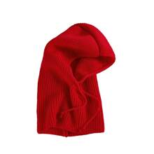 1pc Women's Green Drawstring Faux Collar Wool Balaclava Hat, Outdoor Ski Warm Knitted Face & Neck Protective Cowl Hood, Suitable For Winter Cold Protection