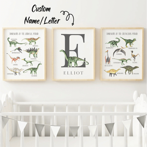3pcs/Set, Custom Name Dino Wall Art, Personalized Dinosaur Wall Art Set, Custom Animal Poster Printing, Dino Theme Room Decoration - Set Of 3 Tyrannosaurus Posters - Personalized Birth Gift - Dino Initial Wall Art, Back To School Decor, School Supplies