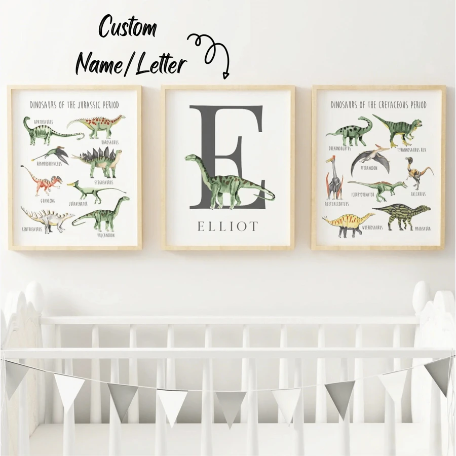 3pcs/Set, Custom Name Dino Wall Art, Personalized Dinosaur Wall Art Set, Custom Animal Poster Printing, Dino Theme Room Decoration - Set Of 3 Tyrannosaurus Posters - Personalized Birth Gift - Dino Initial Wall Art, Back To School Decor, School Supplies,Home Harmony