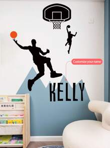 1pc Basketball Player Shooting Cartoon Wall Sticker, Customizable Text Wall Decal, Removable PVC Wall Art Decor For Bedroom, Living Room, Office, School Classroom - Black - View 7