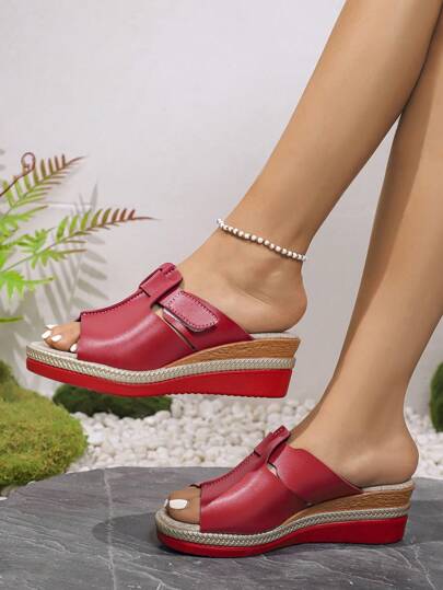 Ladies Elegant Thick Soled Sandals, Ankle Strap Comfortable Walking Shoes, Slope Heel Beach Shoes