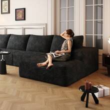 LUCKHAO 135" Cloud Sectional Couch With L-Shape Chaise,Modern Modular Sofa With Deep Seat, Upholstered Couches For Living Room Bedroom,No Assembly Required, Black(Plush Corduroy Fabric) - Ghế dài quay mặt phải + 3 chỗ ngồi (Màu đen) - Xem 5