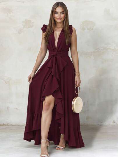 Maxi Vestido Elegante con Hombros Descubiertos y Escote Profundo en V con Volantes y Abertura en Pierna para Mujer