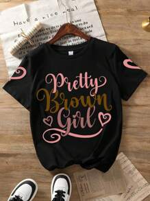 Girls' Cartoon Slogan Letter Print Round Neck T-Shirt, Soft Casual Summer Tee For Tween Girl - Black - View 1