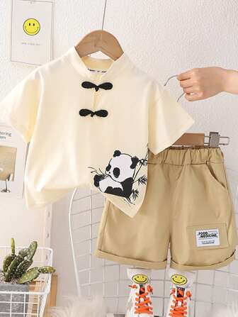 M.Dian xi 2 件套儿童夏季中国风短袖服装套装，男童女童轻便服装