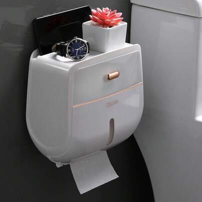 Toilet Roll Holder Wall Mounted, Self Adhesive Paper Towel Holder,With Waterproof And Dust Cover Fold Paper Rolls Tissue Holder With Drawer & Shelf For Bathroom Back To School