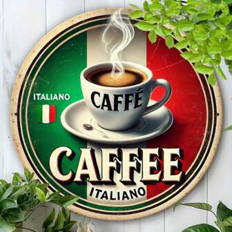 1 件装饰性意大利咖啡风格金属锡标牌，8x8 英寸圆形铁质墙牌，复古风格节日装饰，适合室内、室外、农场、餐厅、花园、酒吧、咖啡厅、健身房