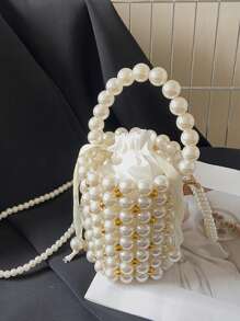 Mini Faux Pearl And Rhinestone Decor Fashion Casual Bucket Bag, Elegant Pearl Bag - Gold - View 4