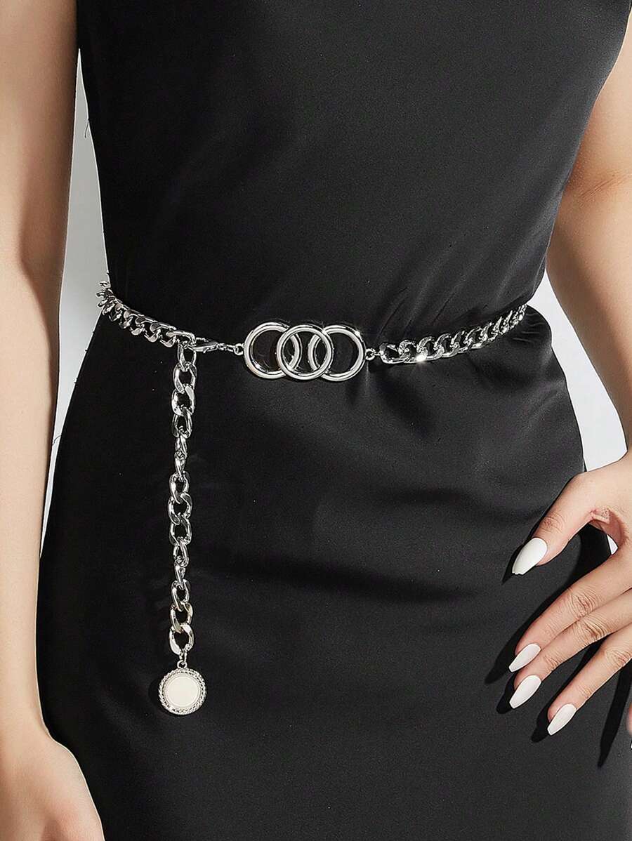 1pc Women Retro Minimalist Elegant Sexy Waist Chain, Three Circle Connected Decorative Chain Waistband, Suitable For Dresses, S, Casual Wear, Parties, Holiday, Weddings, Music Festivals, Birthday, Valentine's Day Gift For Friends, Family, Girlfriend Summer, School Fall, Autumn, Halloween - Silver - View 1