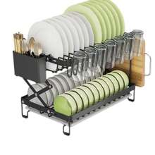 Dish Drainer Rack, Foldable 2 Tier Sink Drainer Rackwith Drip Tray, Large Capacity Dish Drainer Organizer Shelf With Utensil Holder, Cup Rack For Kitchen - Black - View 2