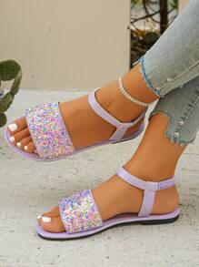 European & American Fashion Versatile Silver Color Rhinestone Decorated Strap Ankle Strap Women Flat Sandals, Casual Slip-On Comfortable Lightweight Summer