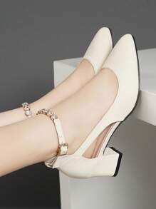 秋冬季女士粗跟单带高跟鞋，饰有水钻镂空，优雅 - 杏色 - 查看 1