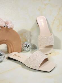 大码女式方头平底凉鞋，时尚夏季一脚蹬拖鞋，休闲透气水钻装饰平底凉鞋，大码 - 米色 - 查看 3