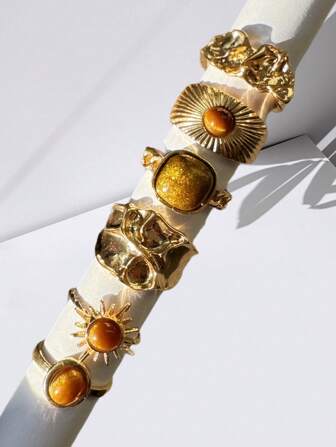 6pcs Vintage Fashion Gold Sunflower & Tiger Eye Colored Rhinestone Ring Set, Women Jewelry Gift